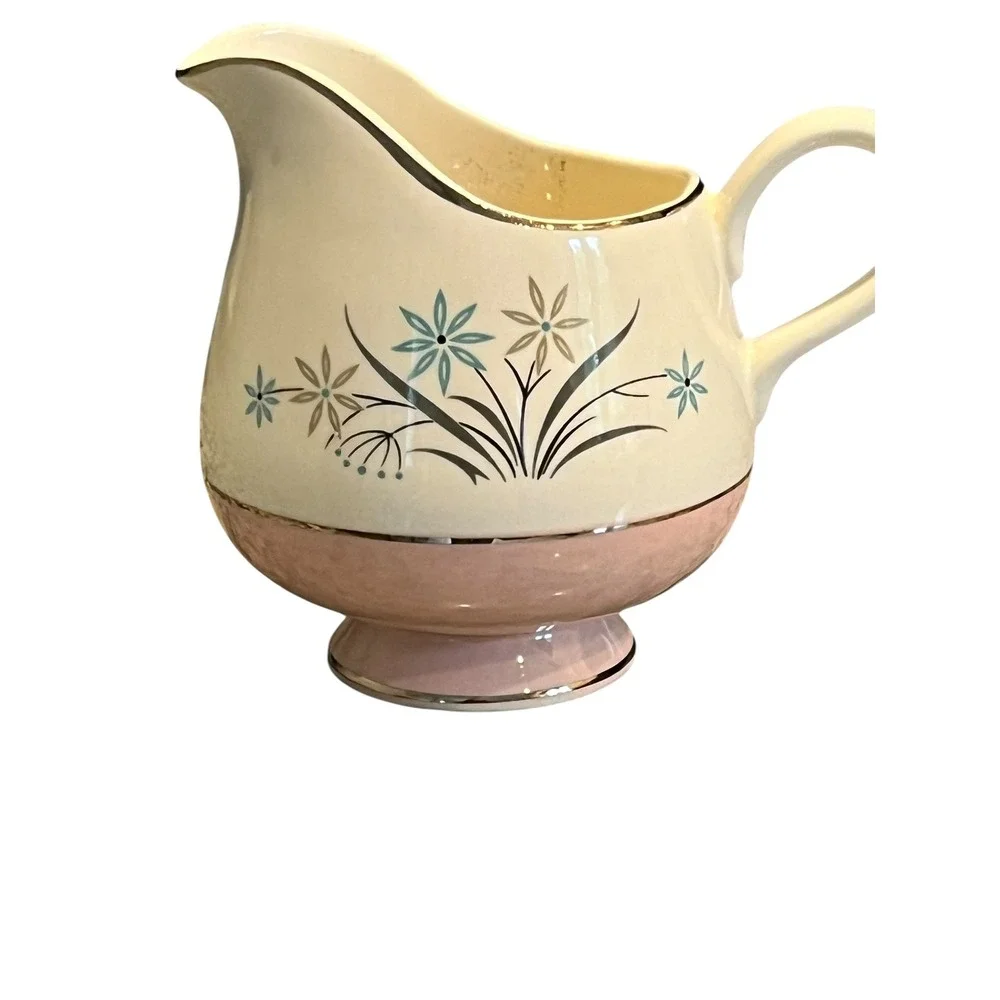 Adorable Vintage MCM Ceramic Creamer Pitcher Pink Blue Floral Starburst Silver